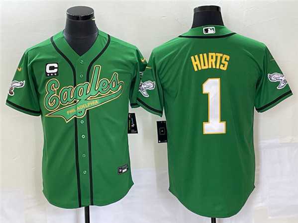 Mens Philadelphia Eagles #1 Jalen Hurts Green With C Patch Cool Base Stitched Baseball Jersey